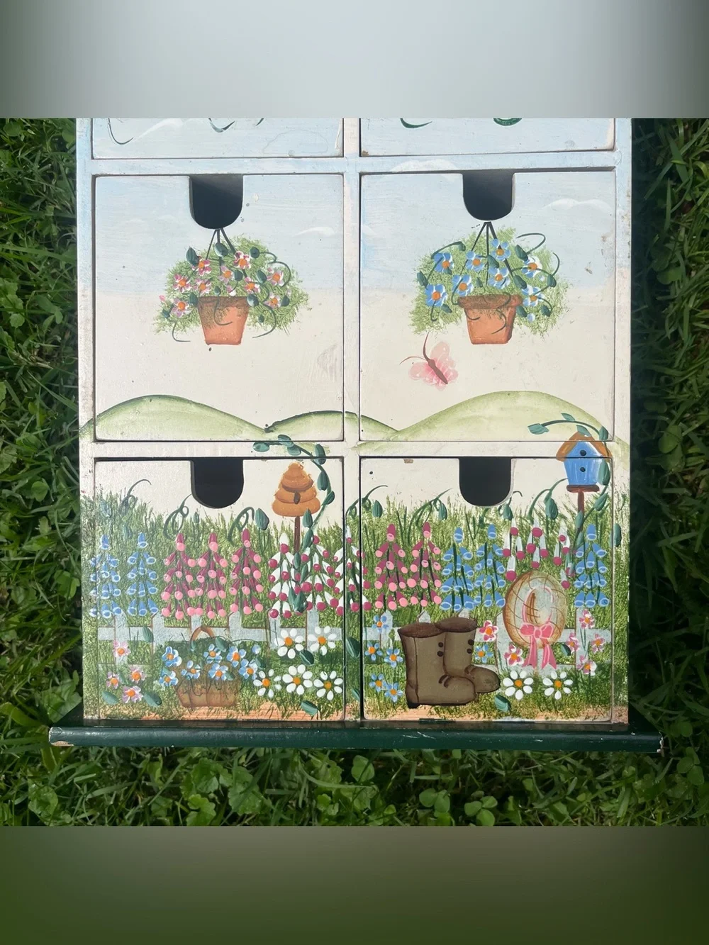 Vintage Hand Painted Wooden 6 Drawer Chest Jewelry BoxCottage Floral Scene Decor